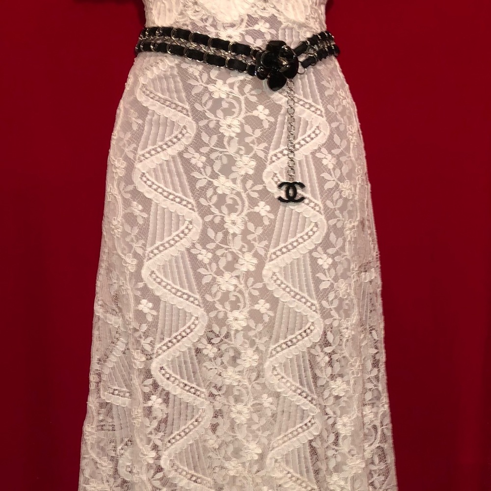 CHANEL chain belt Camellia CC flower black silver detail